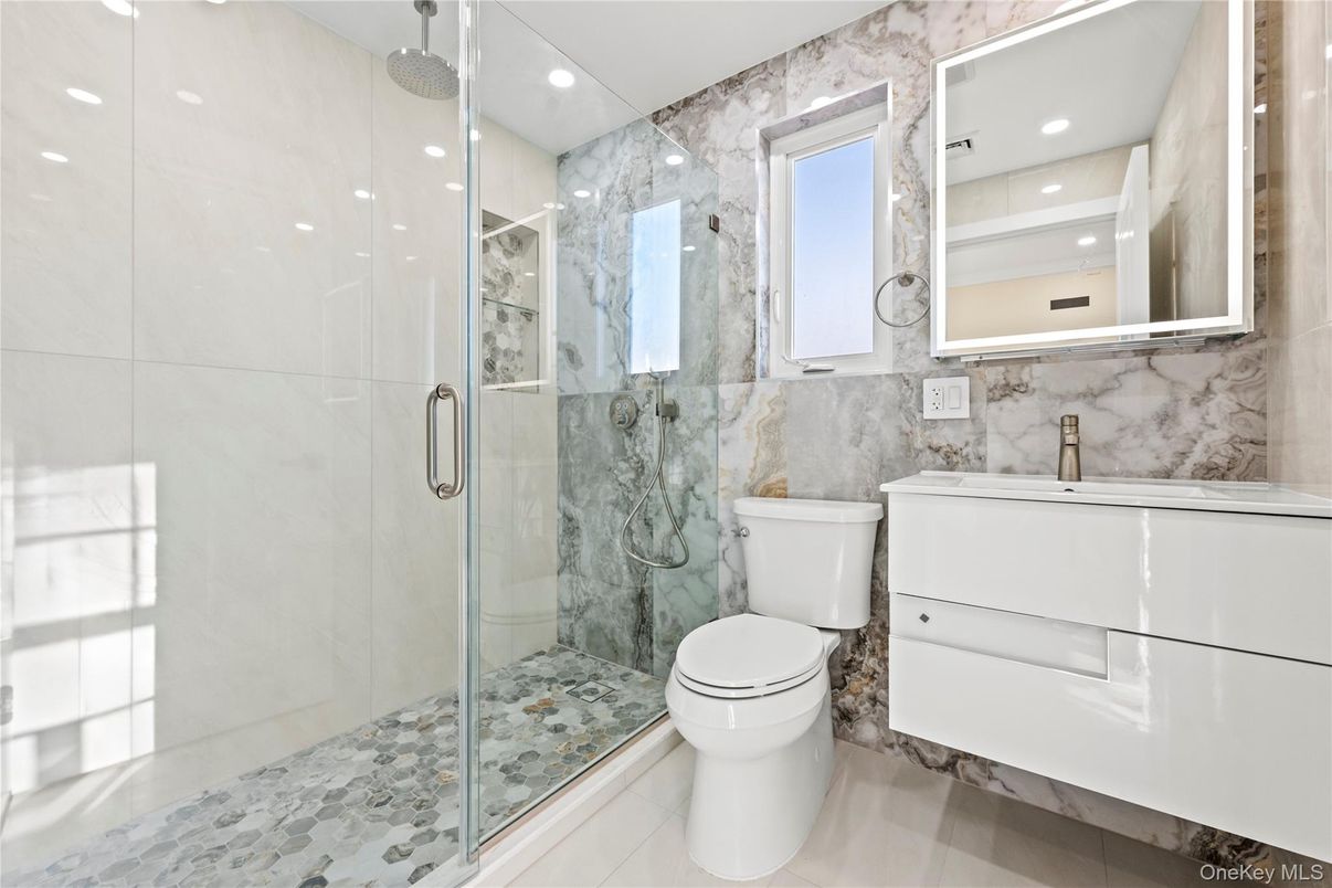 Bathroom, Glass Shower, Interior, Marble Walls, Recessed Lighting