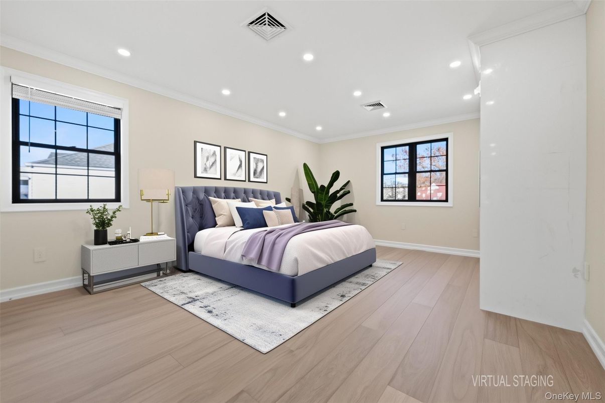Bedroom, Interior, Recessed Lighting, Wood Texture Flooring