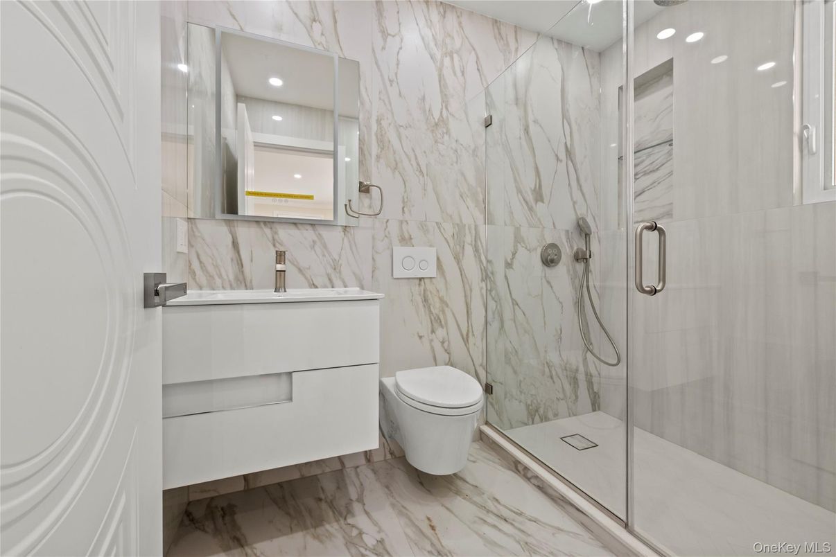Bathroom, Glass Shower, Interior, Marble, Marble Walls, Recessed Lighting