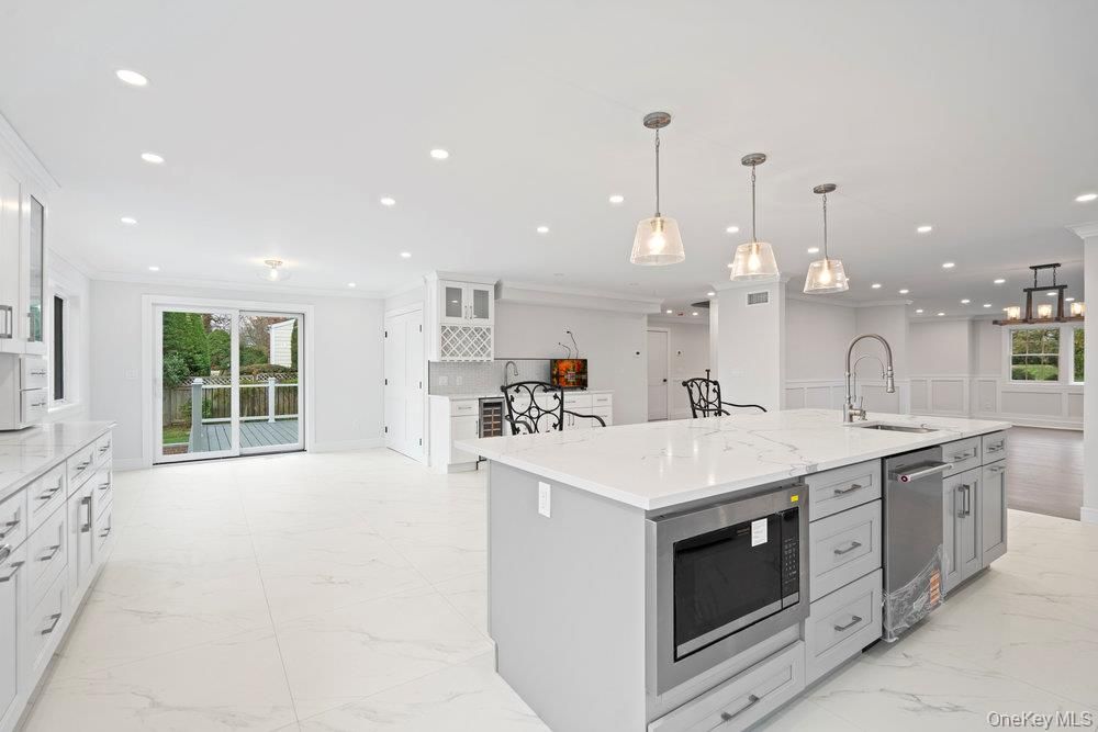 Interior, Kitchen, Marble, Pendant Lights, Recessed Lighting, Stainless Steel Appliances