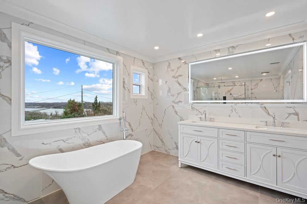 Bathroom, Free Standing Baths, Interior, Marble Walls, Recessed Lighting