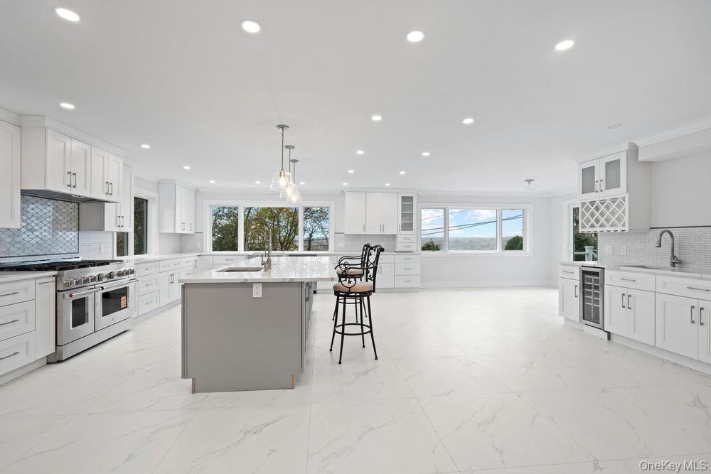 Interior, Kitchen, Marble, Pendant Lights, Recessed Lighting, Stainless Steel Appliances