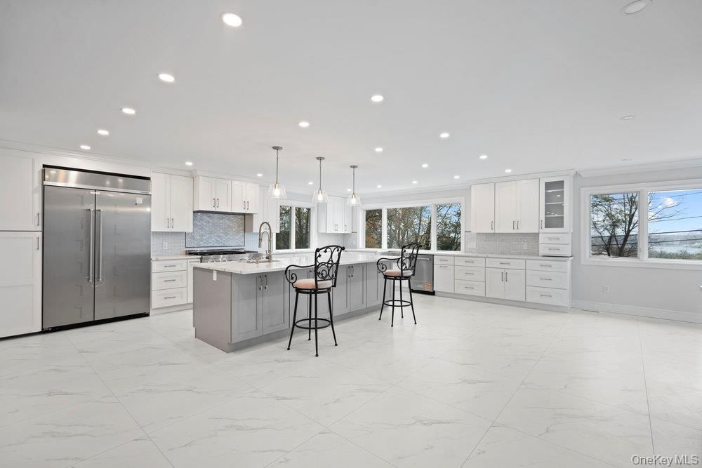 Interior, Kitchen, Marble, Pendant Lights, Recessed Lighting, Stainless Steel Appliances