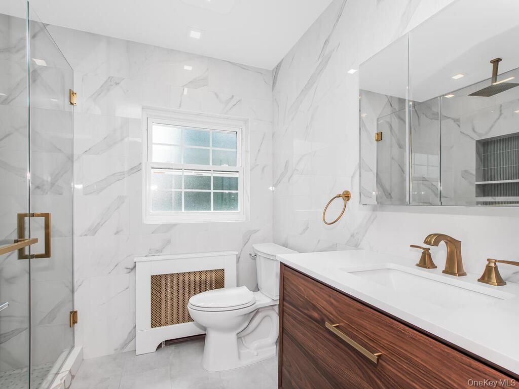 Bathroom, Glass Shower, Interior, Marble Walls, Recessed Lighting
