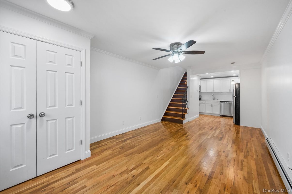Empty room, Interior, Kitchen, Pendant Lights, Recessed Lighting, Wood Texture Flooring