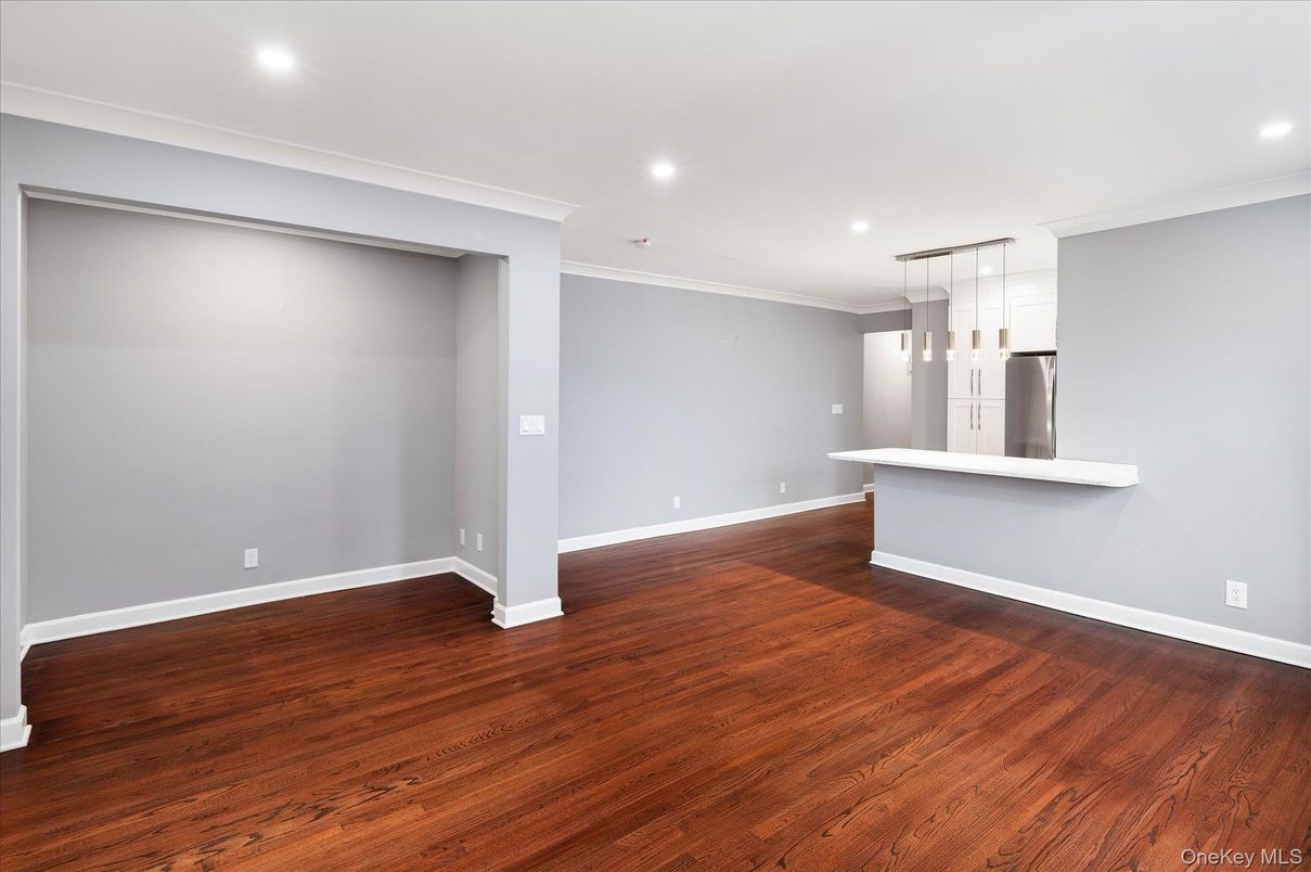 Empty room, Interior, Kitchen, Pendant Lights, Recessed Lighting, Wood Texture Flooring