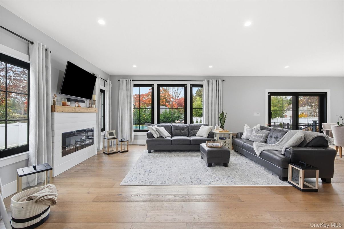 Fireplace, Interior, Living room, Recessed Lighting, Wood Texture Flooring