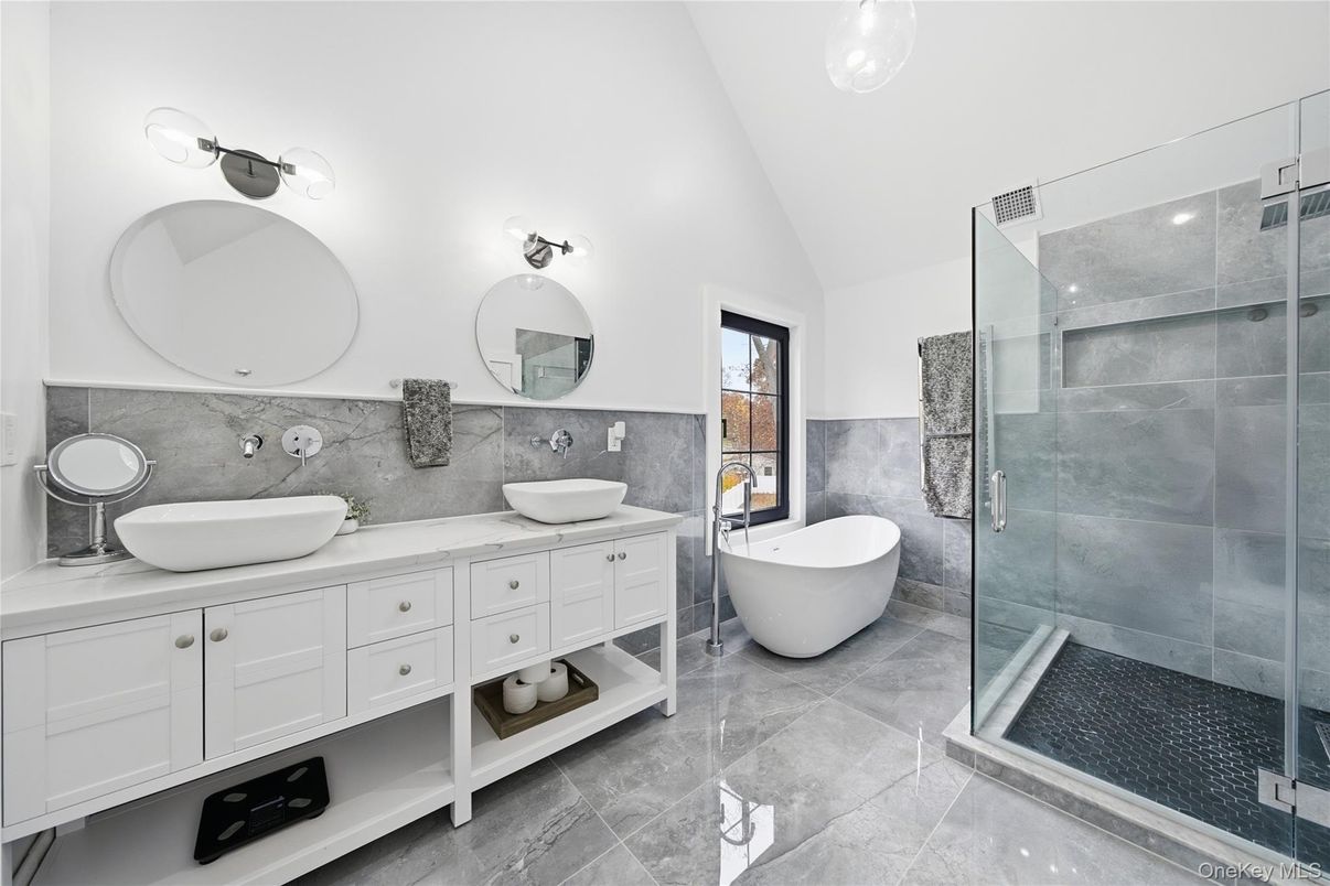 Bathroom, Dual Sink Vanities, Free Standing Baths, Glass Shower, Interior