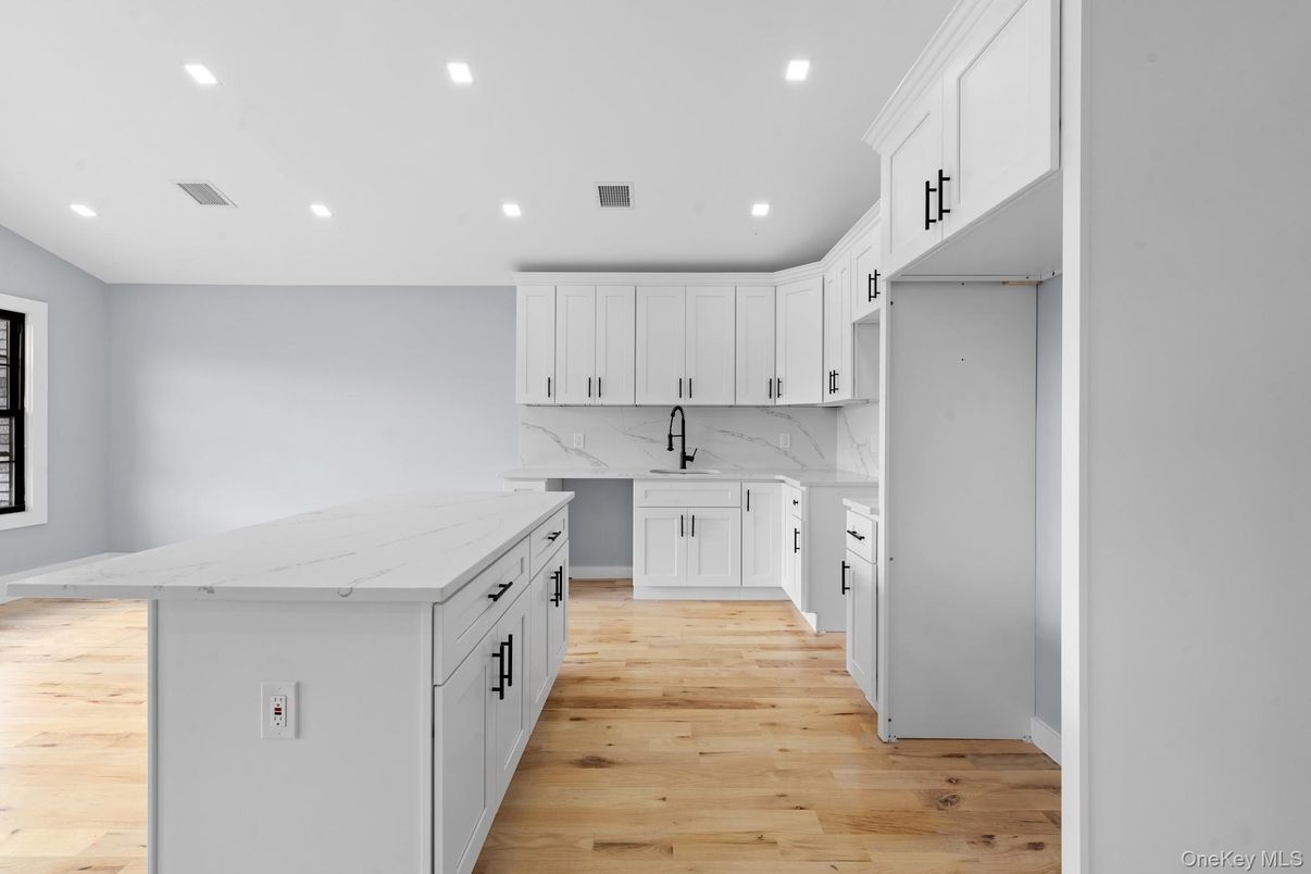 Interior, Kitchen, Marble Walls, Recessed Lighting, Wood Texture Flooring