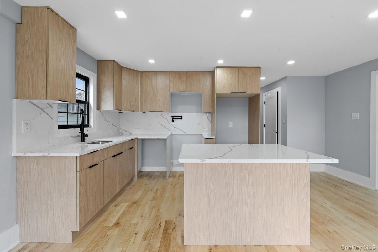 Interior, Kitchen, Marble Walls, Recessed Lighting, Wood Texture Flooring