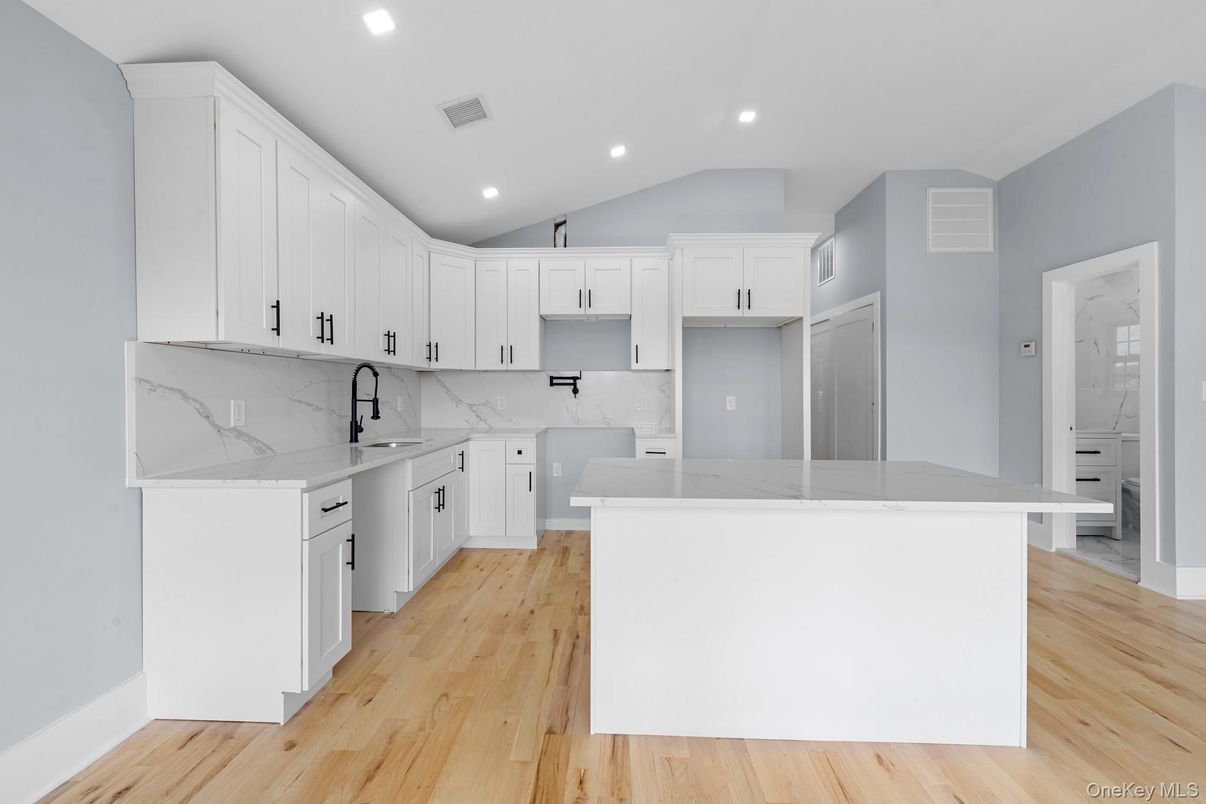 Interior, Kitchen, Marble Walls, Recessed Lighting, Wood Texture Flooring