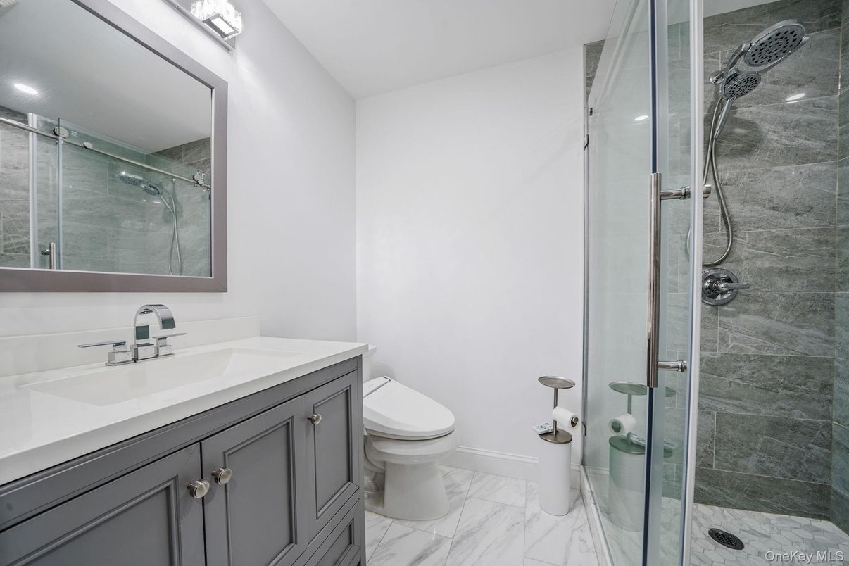 Bathroom, Glass Shower, Interior, Marble, Recessed Lighting