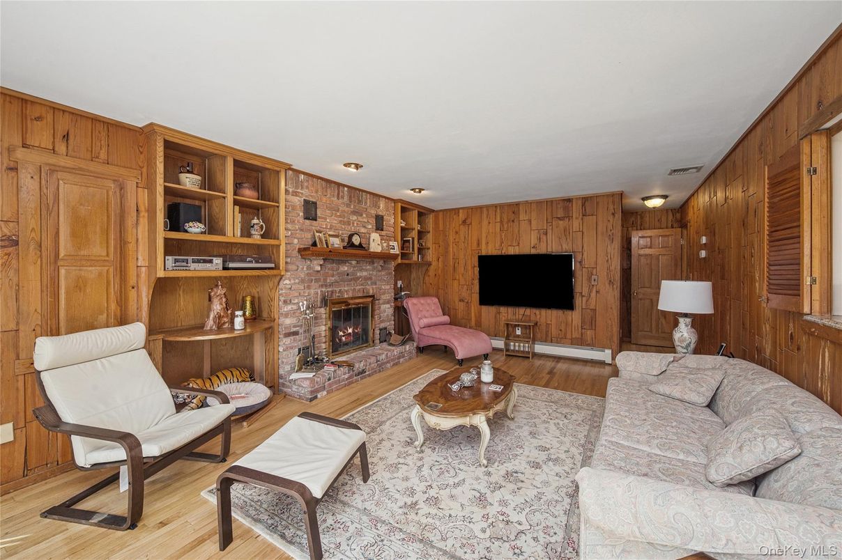 Fireplace, Interior, Living room, Stone Walls, Wood Texture Flooring, Wooden Walls