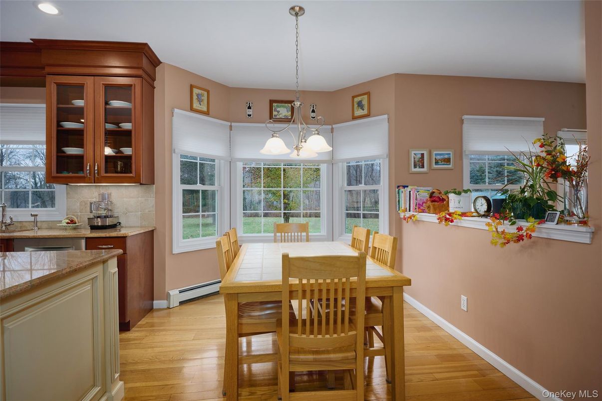 Dining room, Interior, Pendant Lights, Recessed Lighting, Wood Texture Flooring