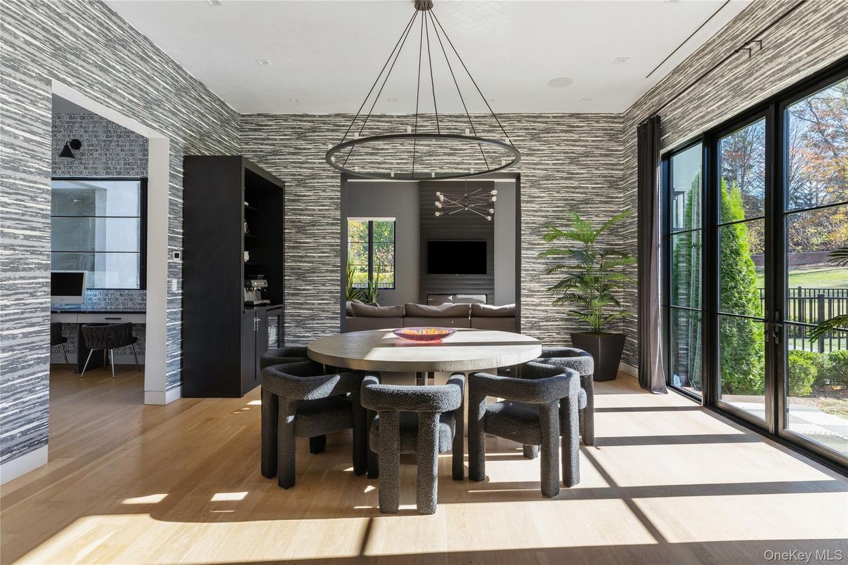 Dining room, Interior, Pendant Lights, Recessed Lighting, Wood Texture Flooring