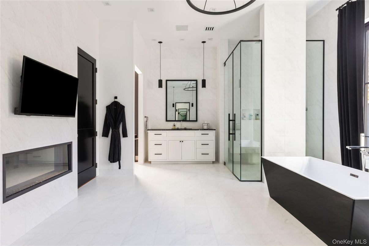 Bathroom, Dual Sink Vanities, Free Standing Baths, Glass Shower, Interior, Marble, Pendant Lights, Recessed Lighting