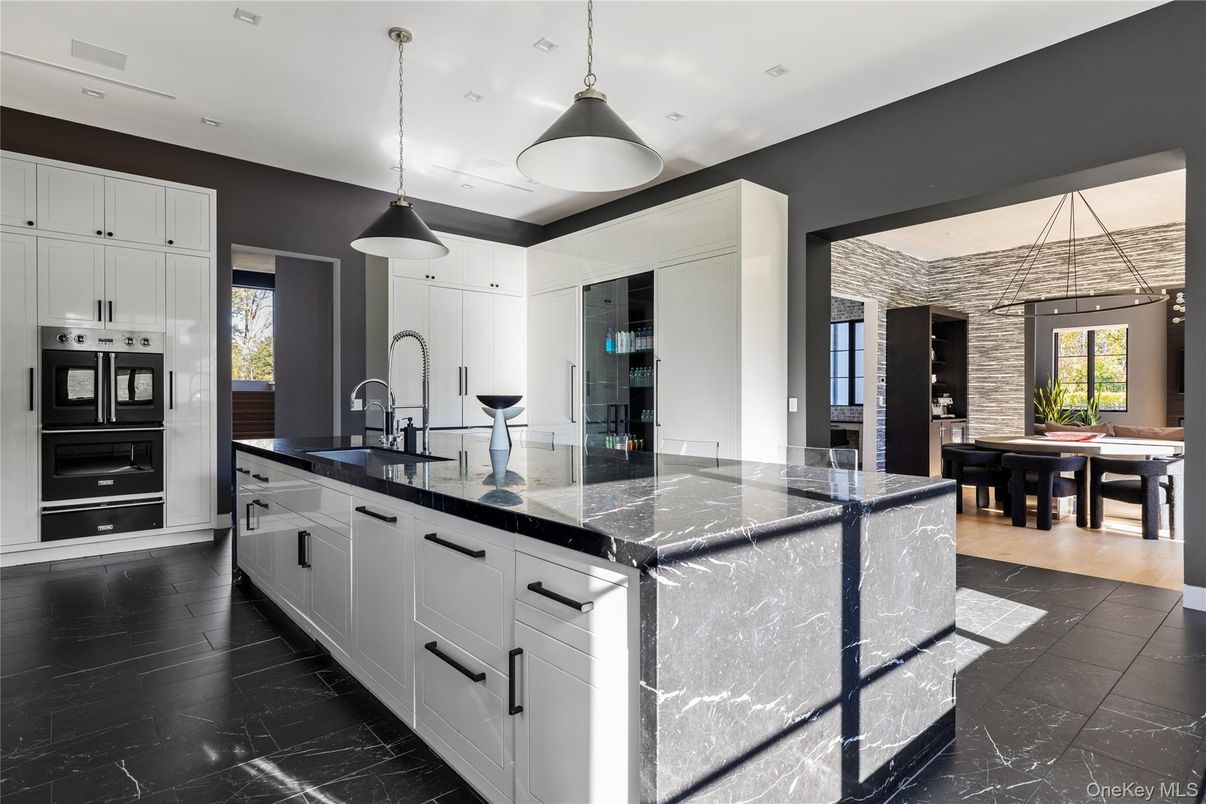 Interior, Kitchen, Marble, Pendant Lights, Recessed Lighting, Stainless Steel Appliances