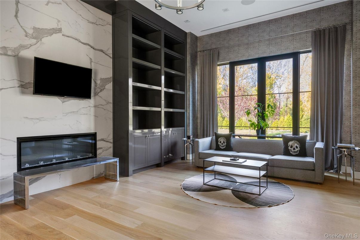 Fireplace, Interior, Living room, Marble Walls, Wood Texture Flooring