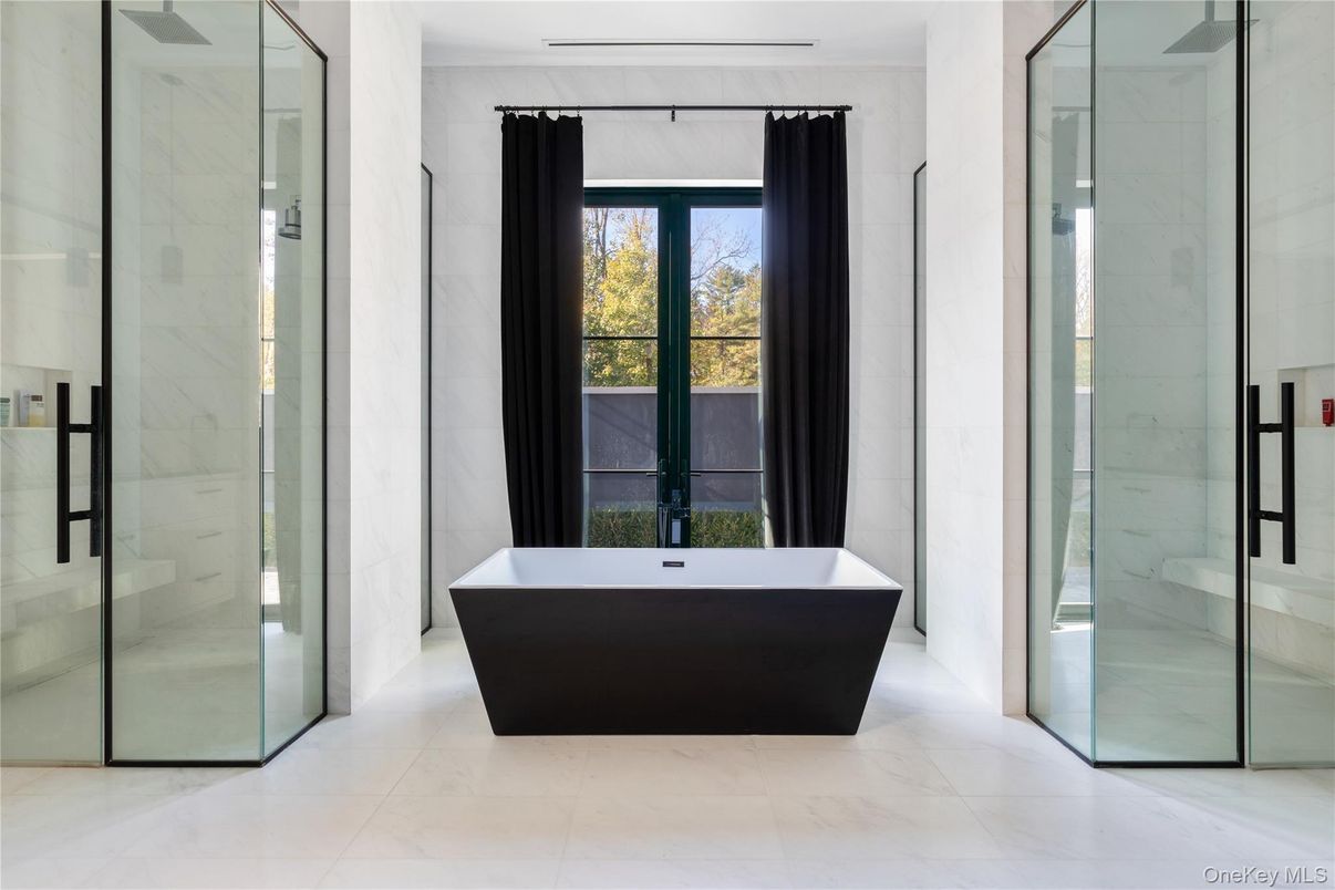 Bathroom, Free Standing Baths, Glass Shower, Interior, Marble Walls