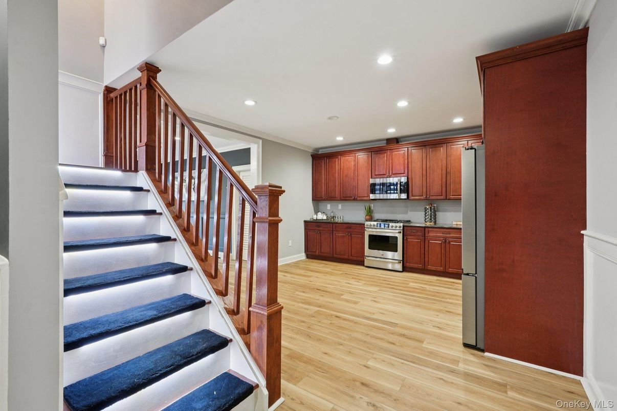 Interior, Kitchen, Recessed Lighting, Stainless Steel Appliances, Wood Texture Flooring