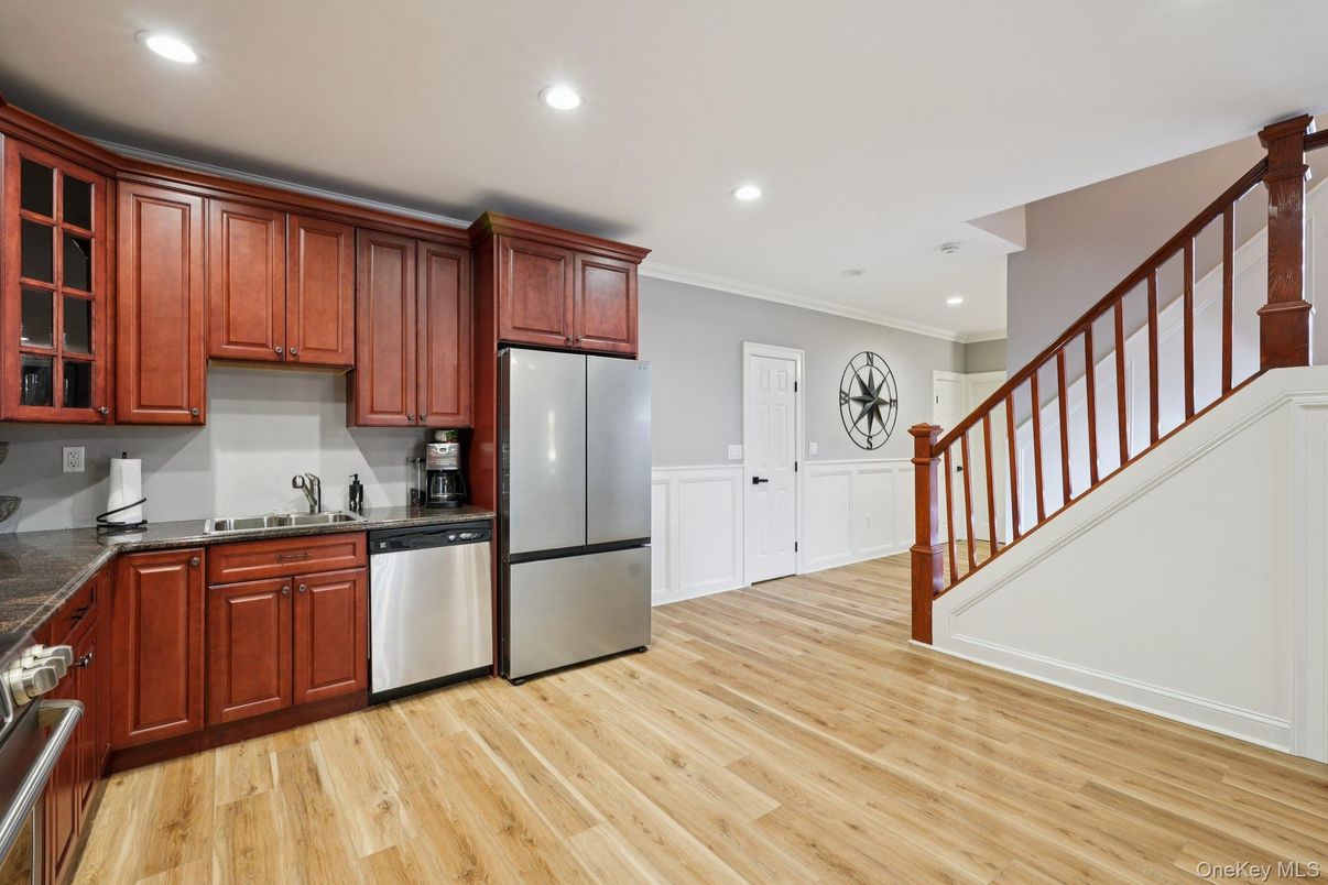 Interior, Kitchen, Recessed Lighting, Stainless Steel Appliances, Wood Texture Flooring