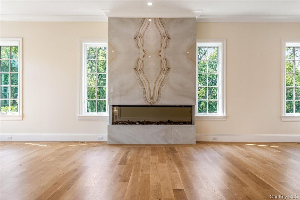 Empty room, Fireplace, Interior, Recessed Lighting, Wood Texture Flooring