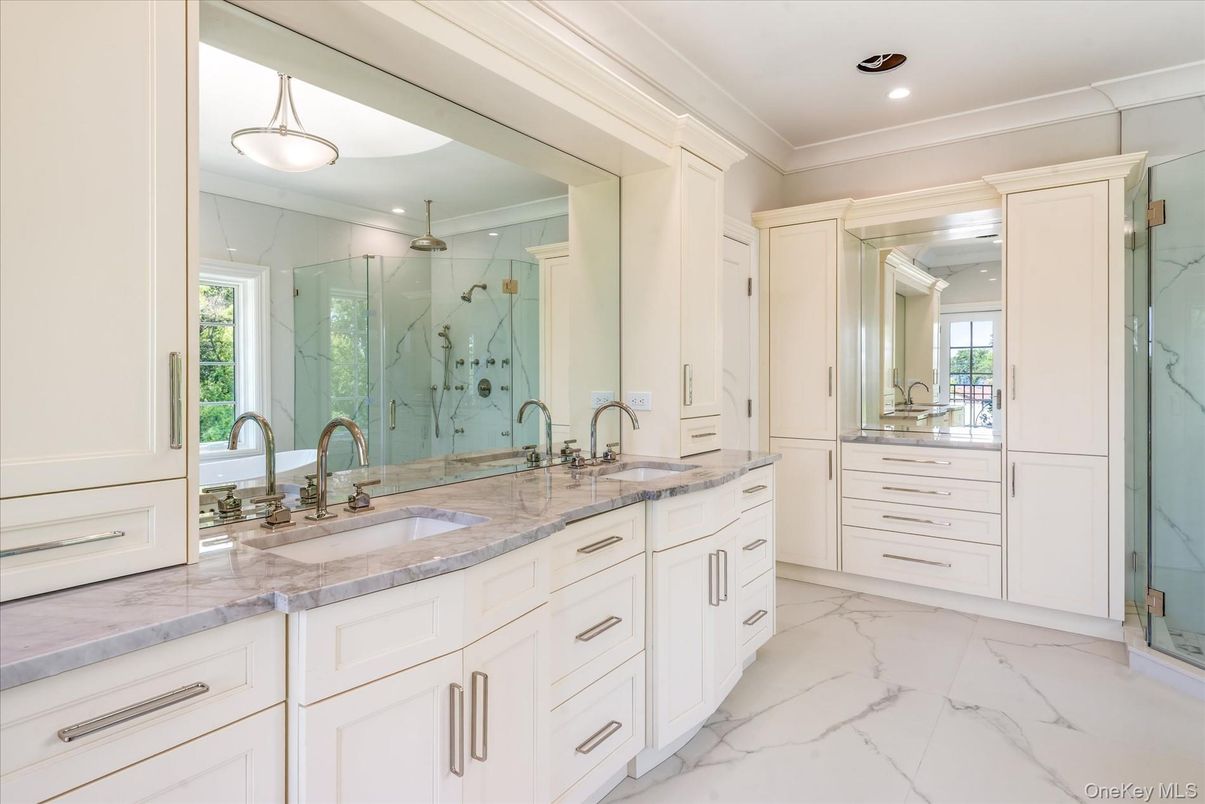 Bathroom, Dual Sink Vanities, Glass Shower, Interior, Marble, Recessed Lighting