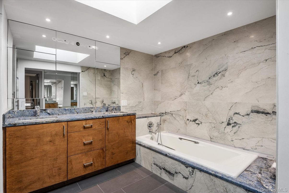 Bathroom, Dual Sink Vanities, Interior, Marble Walls, Recessed Lighting