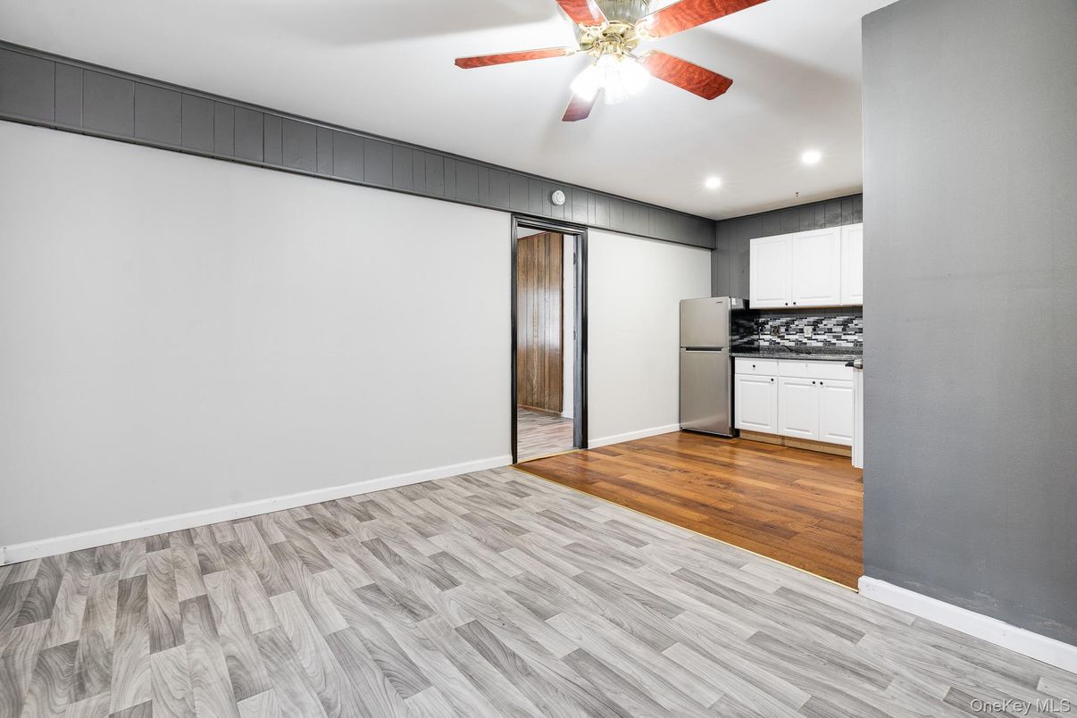Empty room, Interior, Kitchen, Recessed Lighting, Wood Texture Flooring