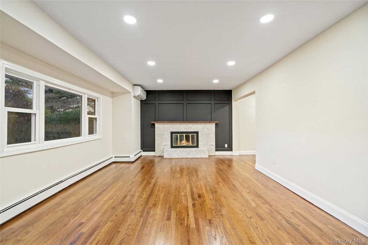 Empty room, Fireplace, Interior, Recessed Lighting, Wood Texture Flooring