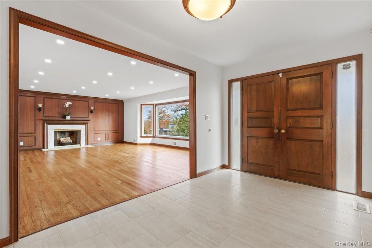 Empty room, Fireplace, Interior, Recessed Lighting, Wood Texture Flooring