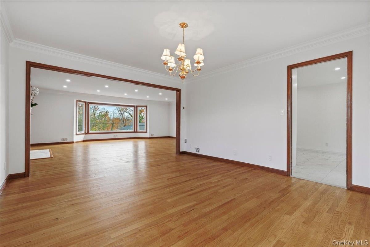 Chandelier, Empty room, Interior, Recessed Lighting, Wood Texture Flooring
