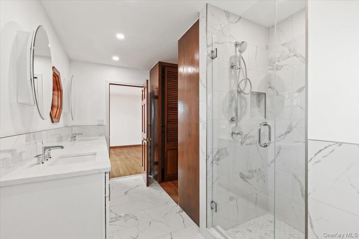 Bathroom, Glass Shower, Interior, Marble, Marble Walls, Recessed Lighting