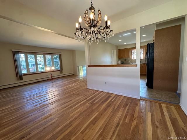 Chandelier, Empty room, Interior, Kitchen, Recessed Lighting, Wood Texture Flooring