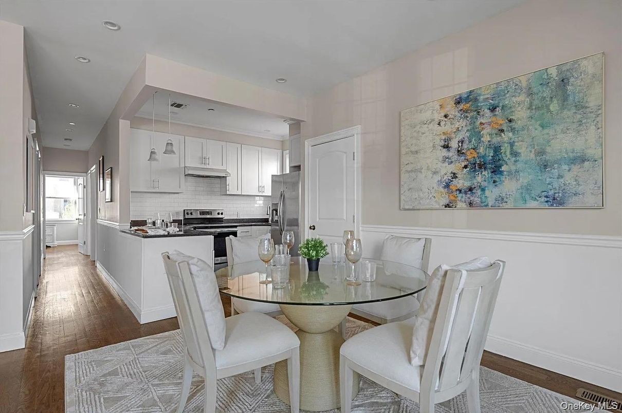 Dining room, Interior, Kitchen, Recessed Lighting, Stainless Steel Appliances, Wood Texture Flooring