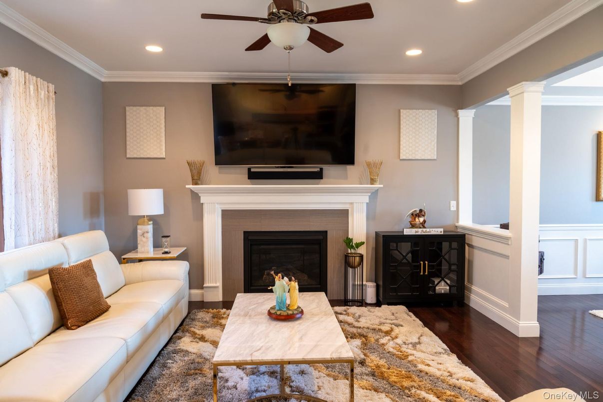 Fireplace, Interior, Living room, Recessed Lighting, Wood Texture Flooring