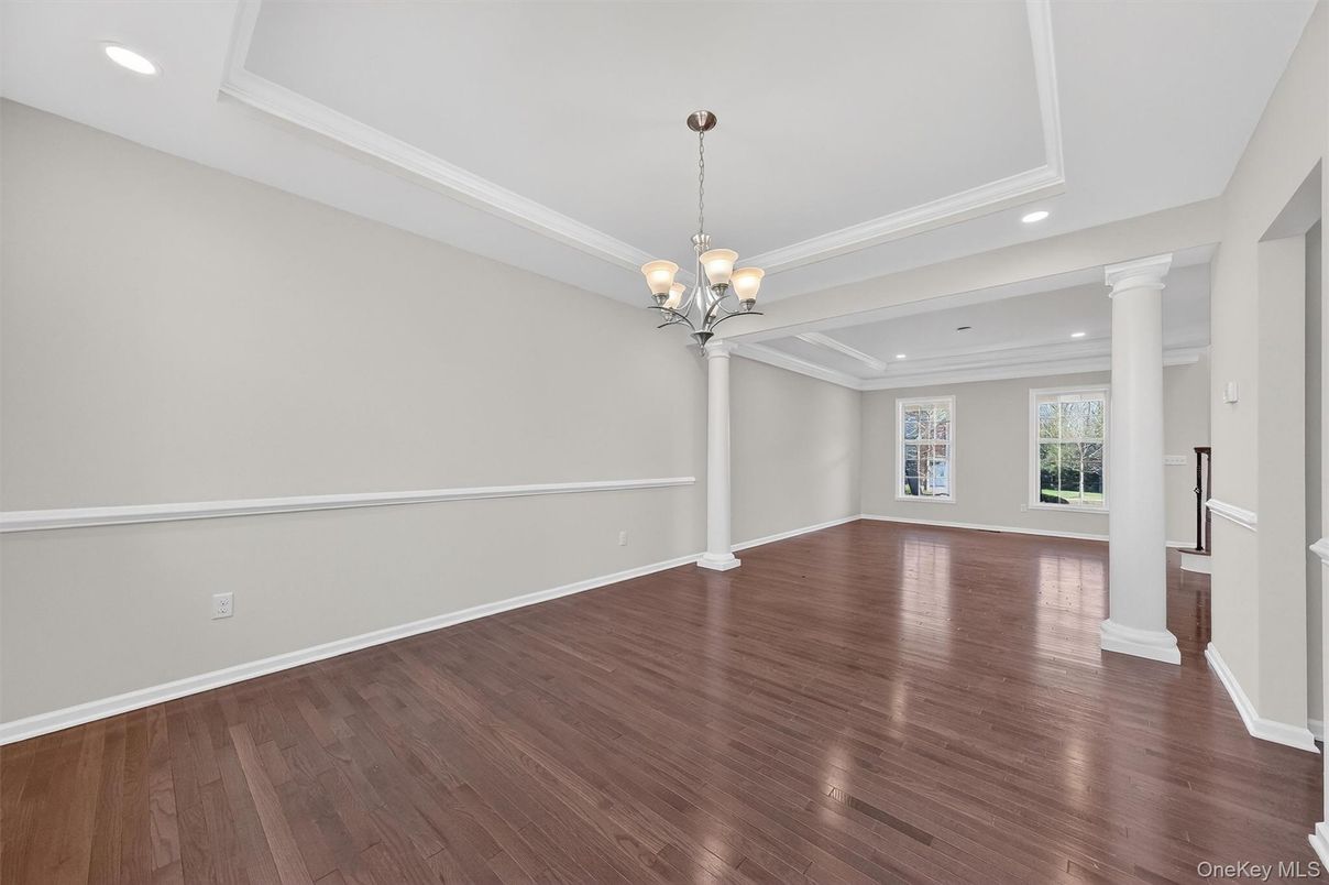 Chandelier, Empty room, Interior, Recessed Lighting, Wood Texture Flooring
