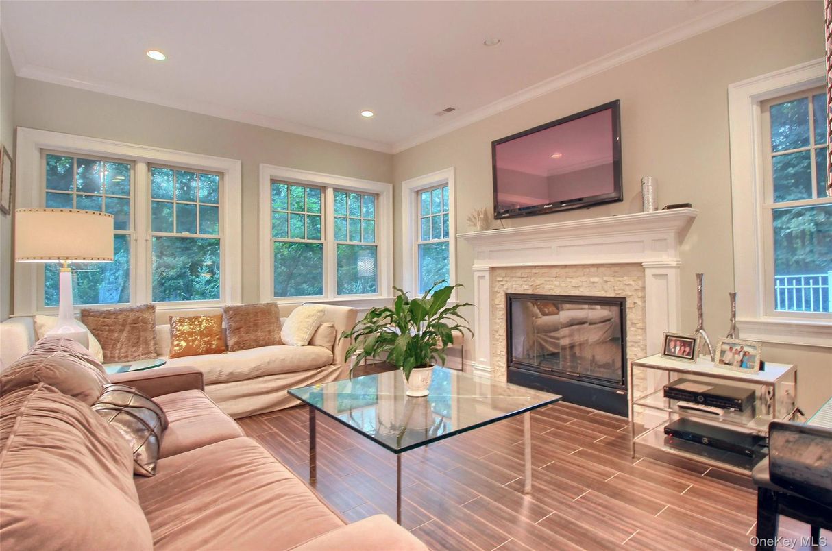 Fireplace, Interior, Living room, Recessed Lighting, Wood Texture Flooring