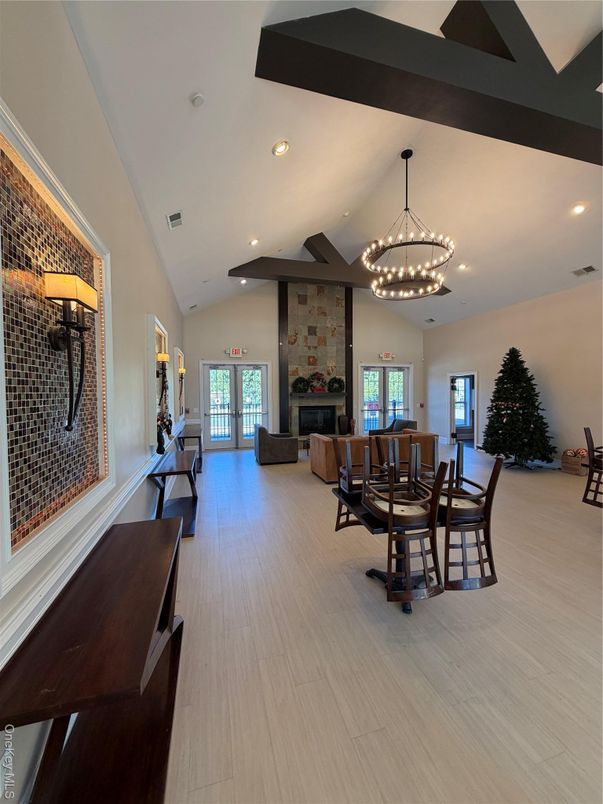 Dining room, Fireplace, Interior, Living room, Pendant Lights, Recessed Lighting, Stone Walls