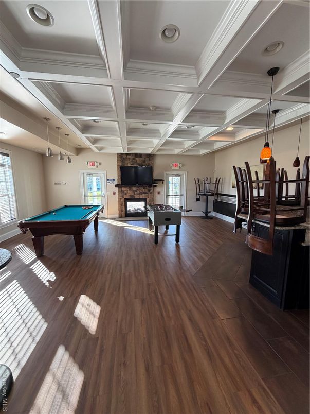 Billiard Table, Fireplace, Game Room, Interior, Pendant Lights, Wood Texture Flooring
