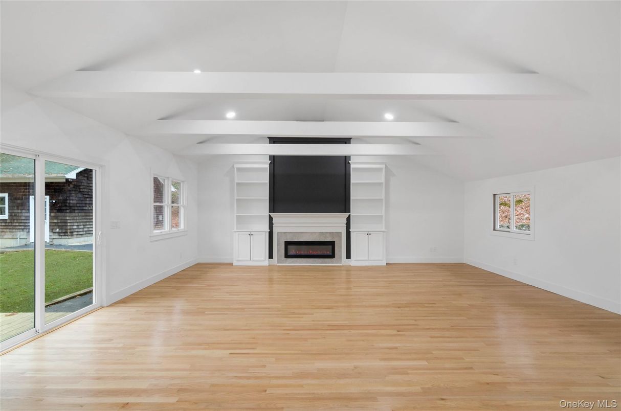 Empty room, Fireplace, Interior, Recessed Lighting, Wood Texture Flooring