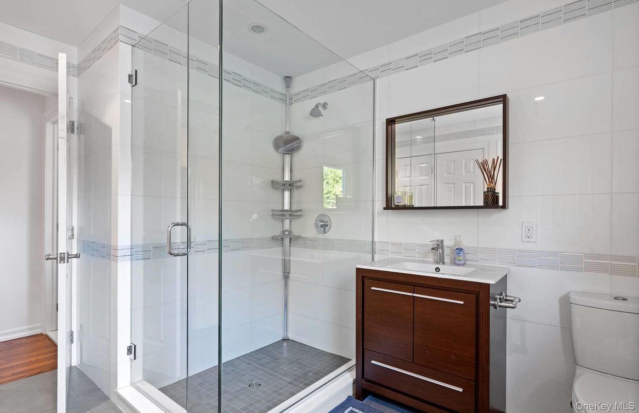 Bathroom, Glass Shower, Interior, Recessed Lighting, Wood Texture Flooring