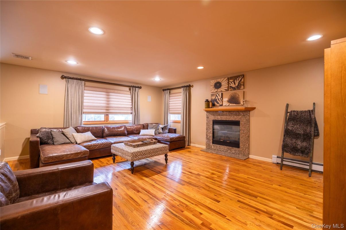 Fireplace, Interior, Living room, Recessed Lighting, Wood Texture Flooring