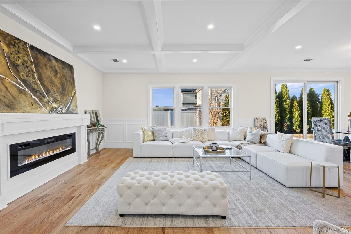 Fireplace, Interior, Living room, Recessed Lighting, Wood Texture Flooring