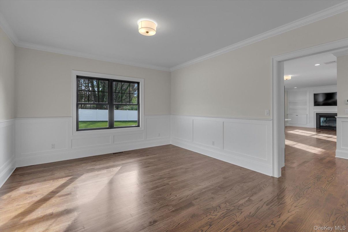 Empty room, Fireplace, Interior, Recessed Lighting, Wood Texture Flooring