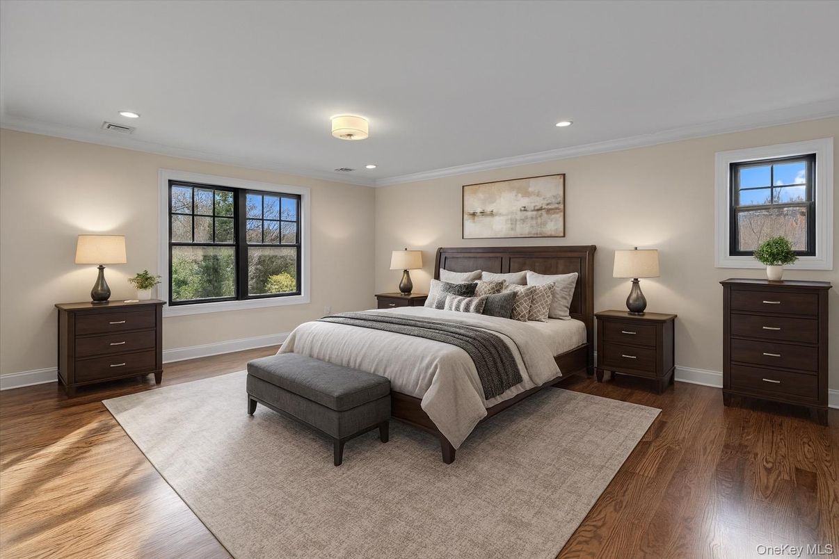 Bedroom, Interior, Recessed Lighting, Wood Texture Flooring