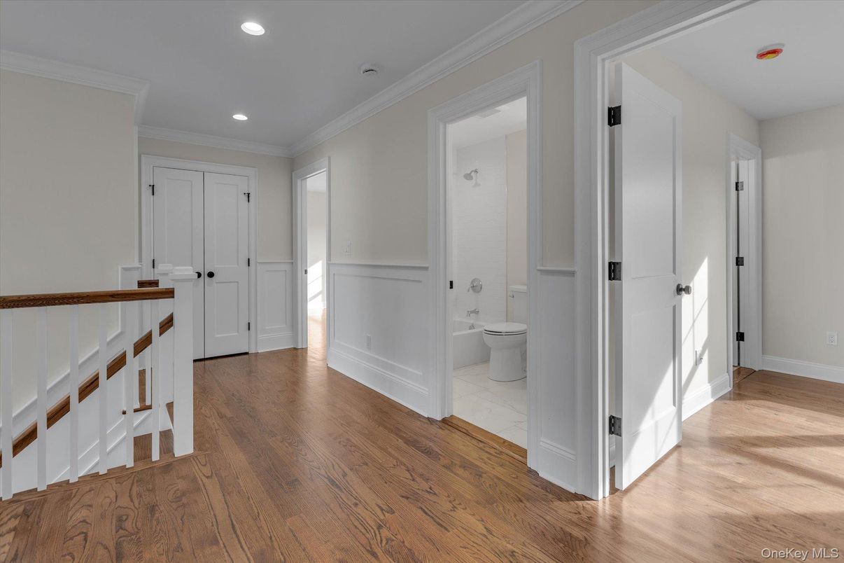 Bathroom, Interior, Marble, Recessed Lighting, Wood Texture Flooring