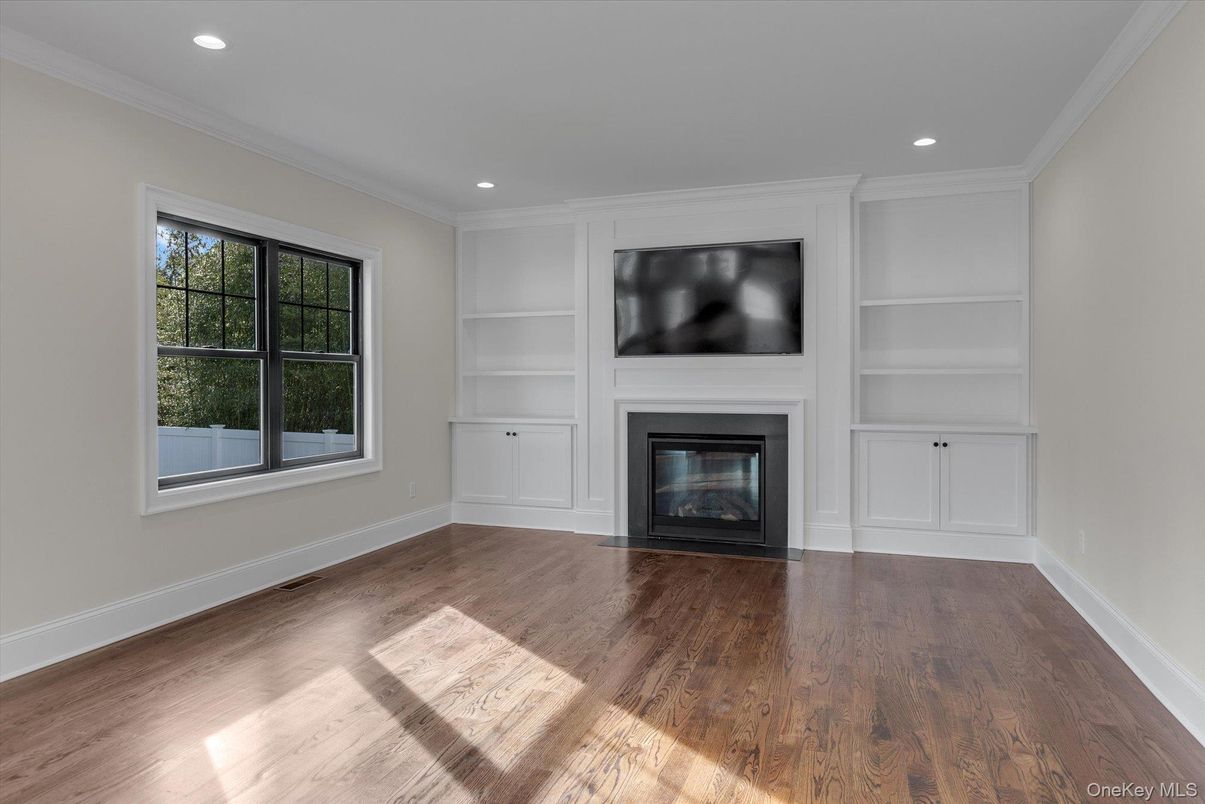 Empty room, Fireplace, Interior, Recessed Lighting, Wood Texture Flooring
