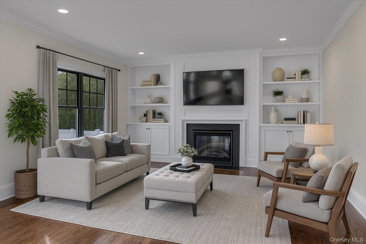 Fireplace, Interior, Living room, Recessed Lighting, Wood Texture Flooring