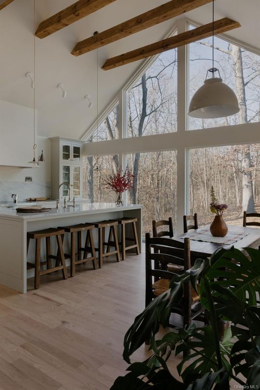Dining room, Interior, Kitchen, Pendant Lights, Wooden Beams, Wood Texture Flooring